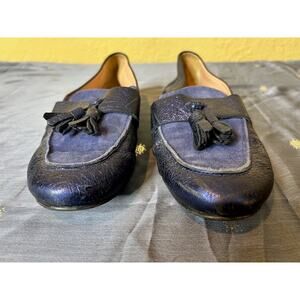 Pollini Tassel Loafers Women’s 8 Metallic Blue Leather Suede Italy